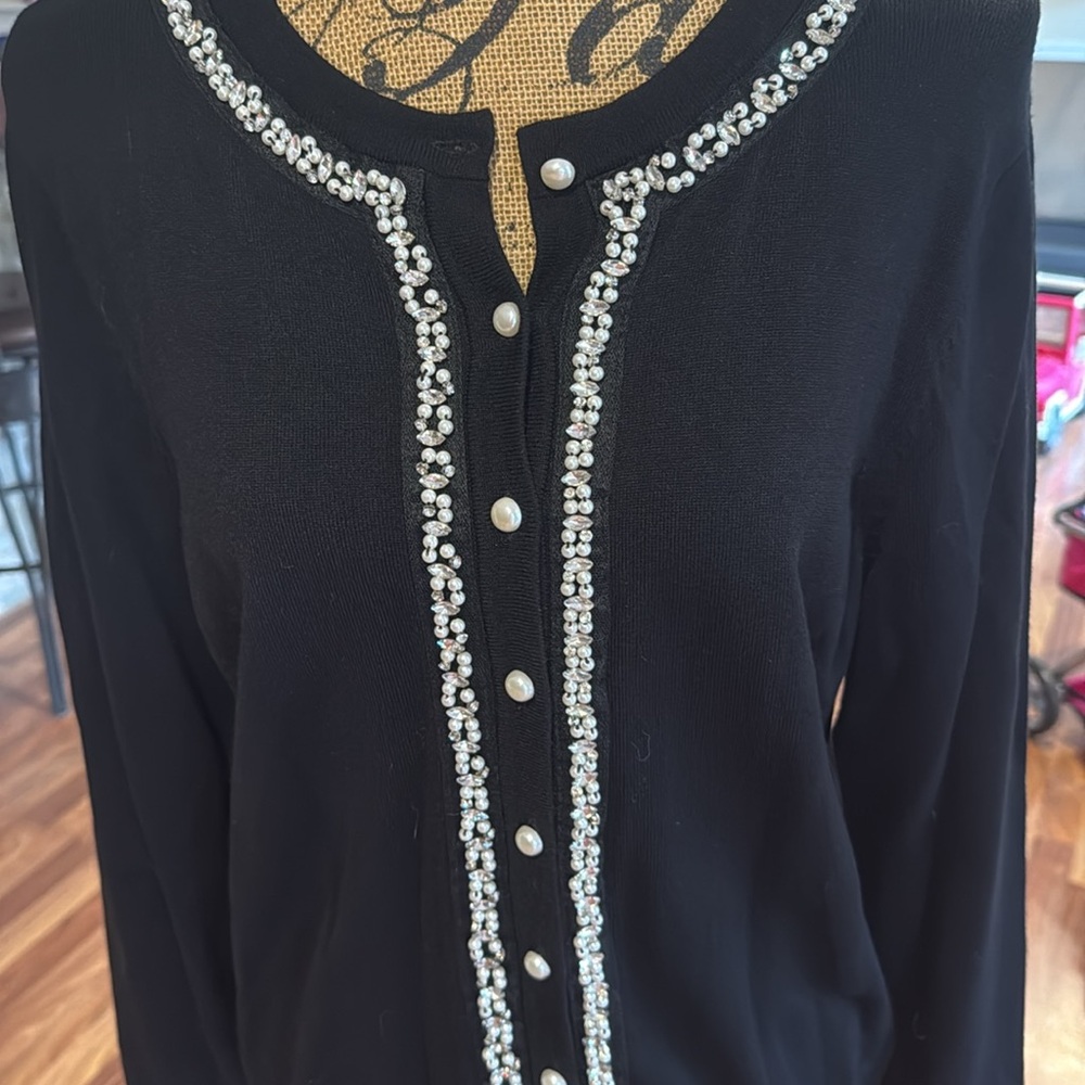 Charter club size large black faux pearl button up cardigan with rhinestone trim - Picture 2 of 5